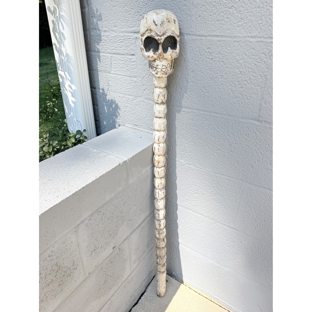 Vintage Hand Carved Wooden Skull Staff 43 Inch Rustic Folk Art Gothic Decor Prop
